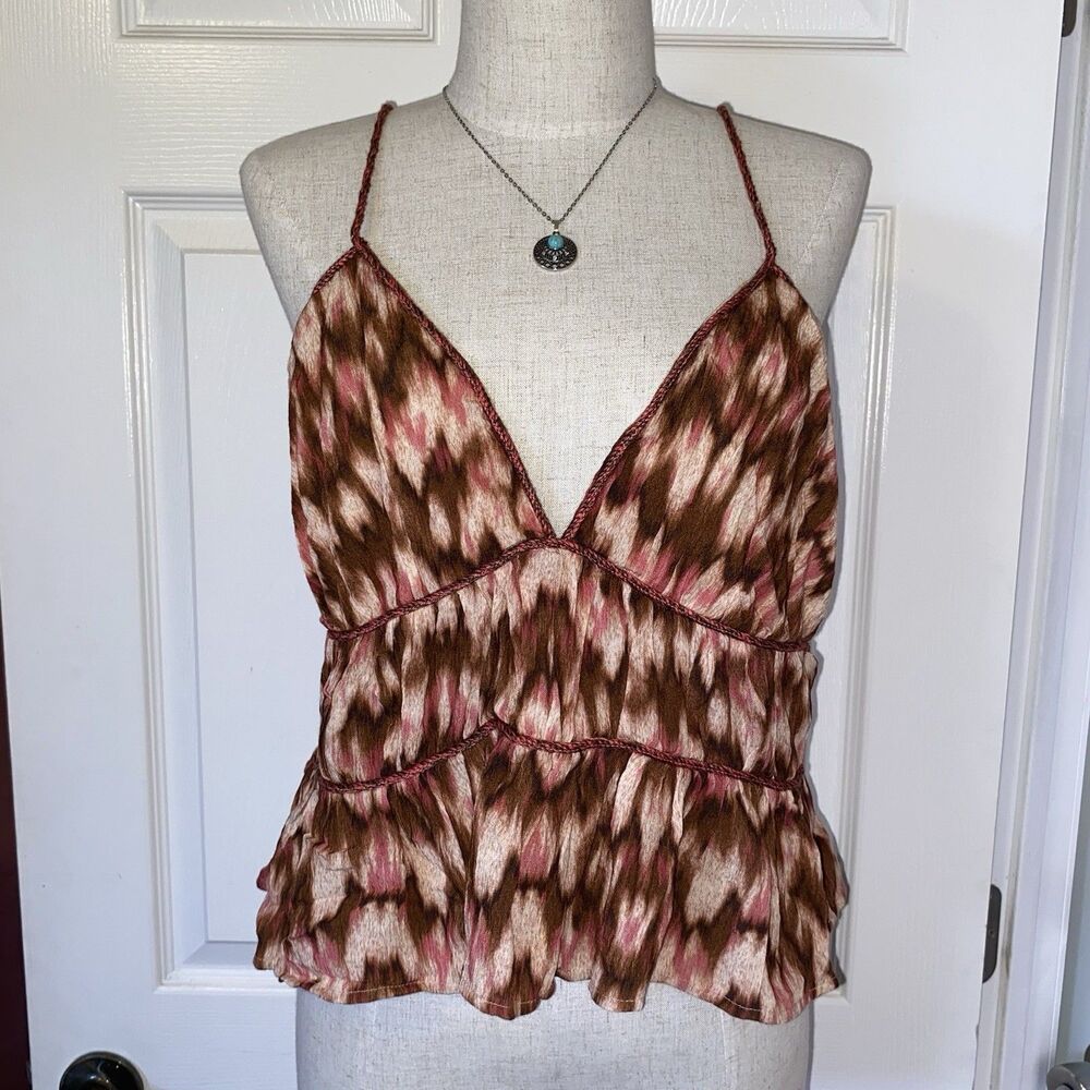 NWT H&M Abstract Ruffle Hem Spaghetti Strap Deep V-Neck Cami Tank Top L Festival